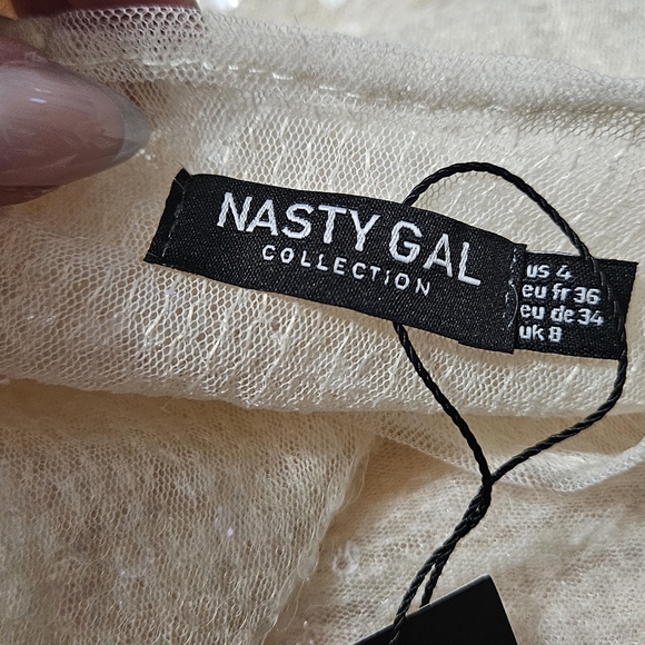 NASTY GAL Sheer Sequin Detail Long Sleeve Mini Shift Dress Off White.Size 4 NWT - Picture 2 of 15